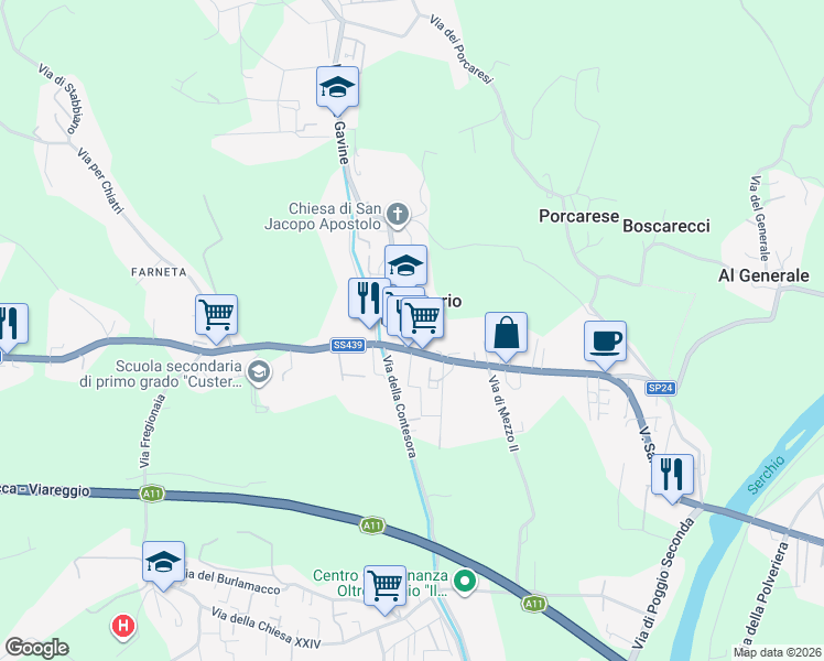 map of restaurants, bars, coffee shops, grocery stores, and more near 2601-2779 Strada Statale 439 in Lucca