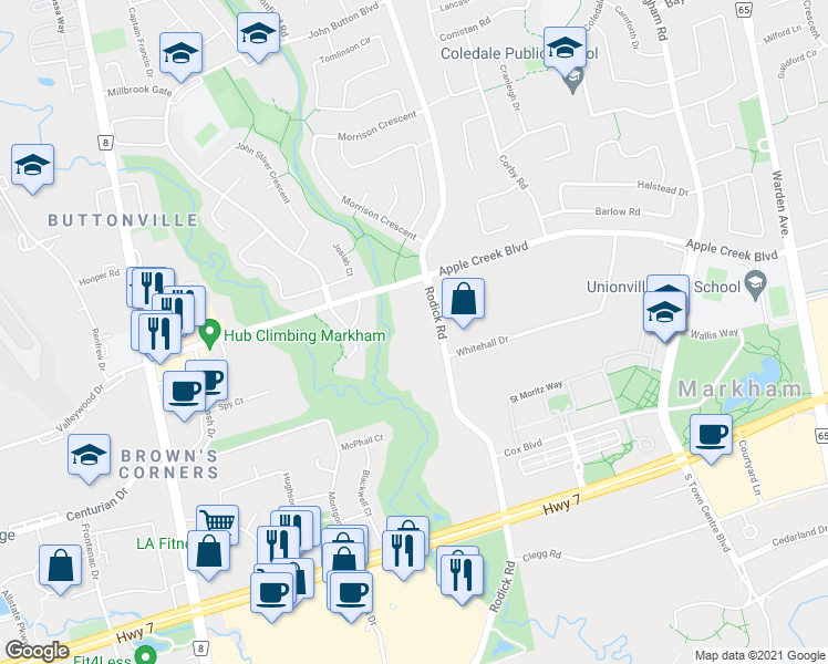 map of restaurants, bars, coffee shops, grocery stores, and more near 1380 Rodick Road in Markham