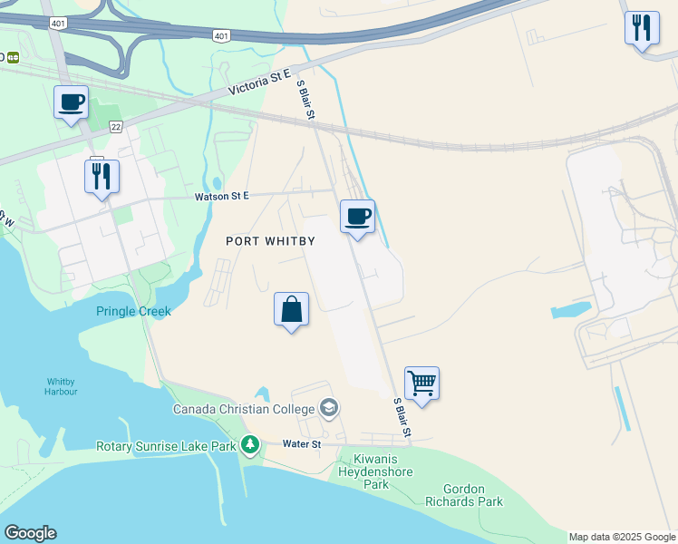 map of restaurants, bars, coffee shops, grocery stores, and more near 202 South Blair Street in Whitby