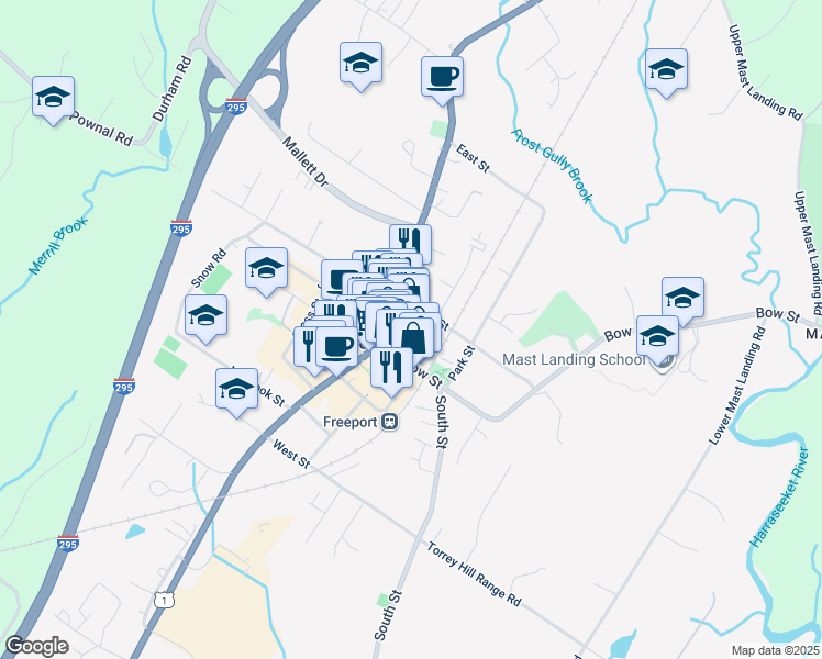 map of restaurants, bars, coffee shops, grocery stores, and more near 46 South Street in Freeport