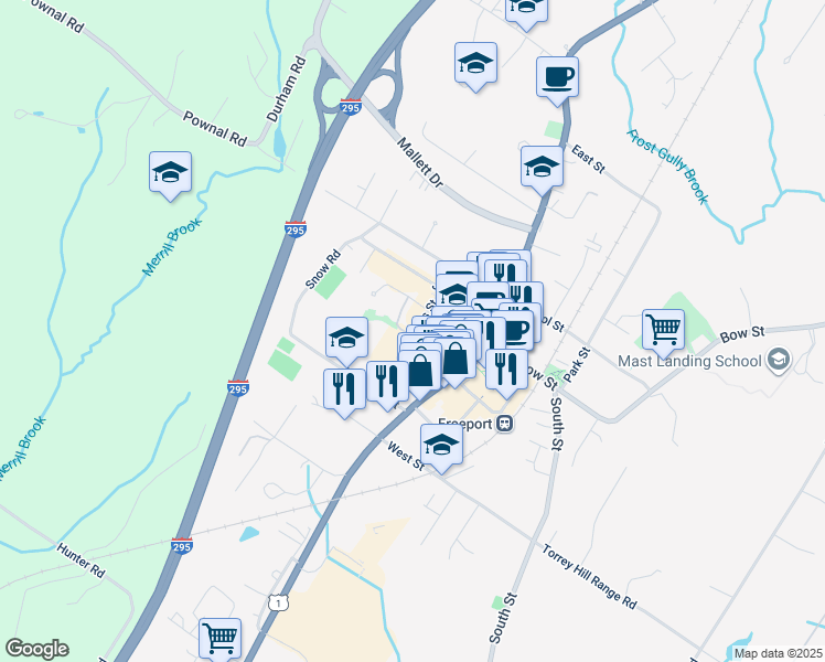 map of restaurants, bars, coffee shops, grocery stores, and more near 15 Nathan Nye Street in Freeport