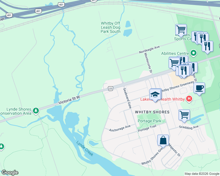 map of restaurants, bars, coffee shops, grocery stores, and more near 1020 Victoria Street West in Whitby