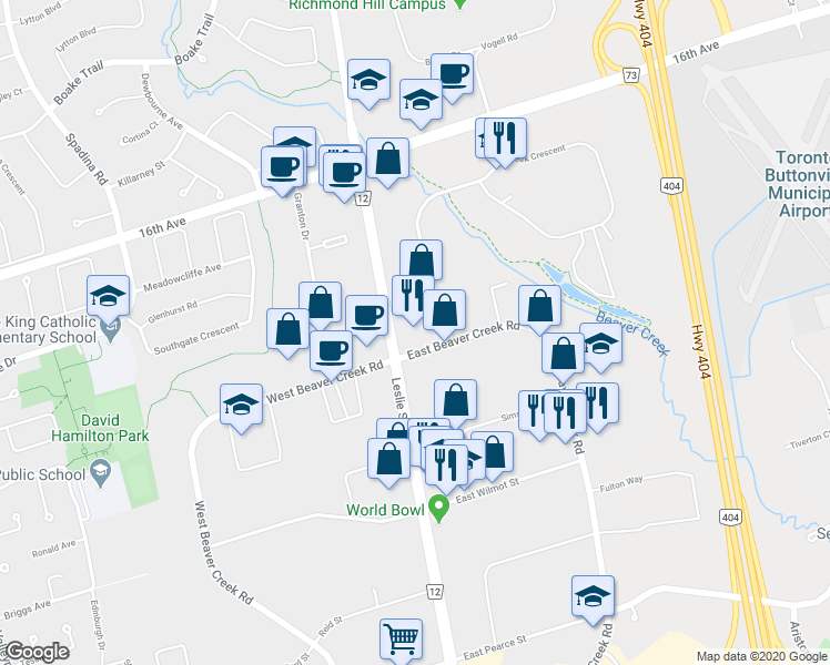 map of restaurants, bars, coffee shops, grocery stores, and more near 2 East Beaver Creek Road in Richmond Hill