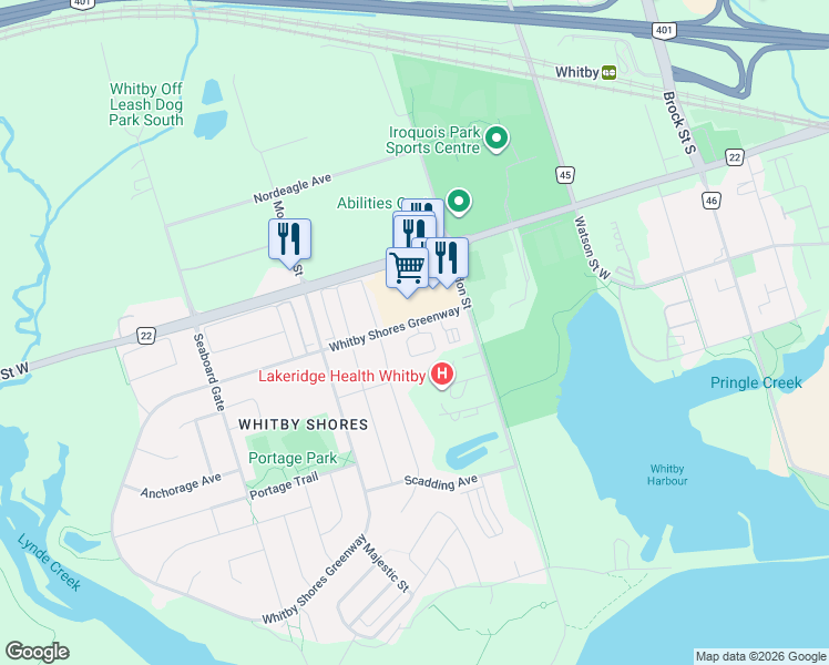 map of restaurants, bars, coffee shops, grocery stores, and more near 66 Longshore Way in Whitby