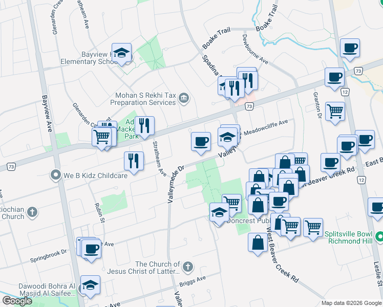 map of restaurants, bars, coffee shops, grocery stores, and more near 21 Horizon Court in Richmond Hill