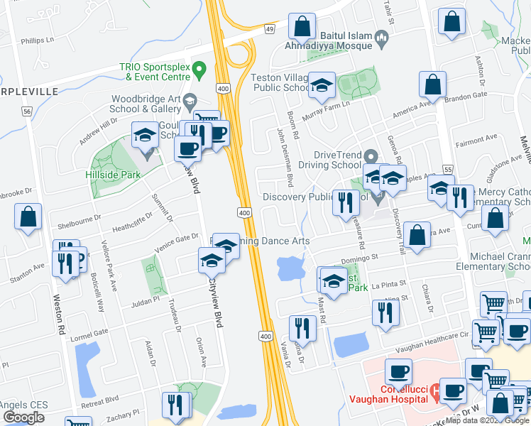 map of restaurants, bars, coffee shops, grocery stores, and more near 83 Convoy Crescent in Vaughan