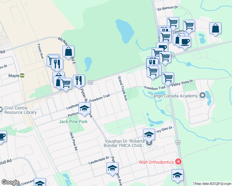 map of restaurants, bars, coffee shops, grocery stores, and more near Catalpa Crescent in Vaughan