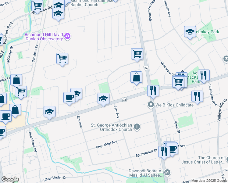map of restaurants, bars, coffee shops, grocery stores, and more near 3 Elmsley Drive in Richmond Hill
