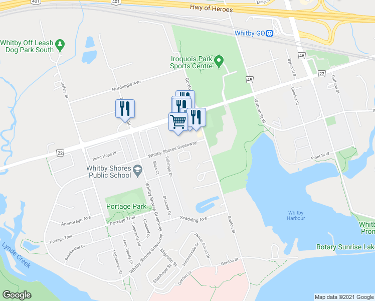 map of restaurants, bars, coffee shops, grocery stores, and more near 66 Longshore Way in Whitby