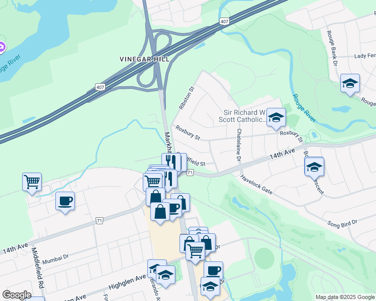 map of restaurants, bars, coffee shops, grocery stores, and more near 35 Vogue Street in Markham