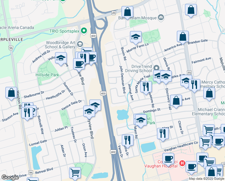map of restaurants, bars, coffee shops, grocery stores, and more near 117 Windward Crescent in Vaughan