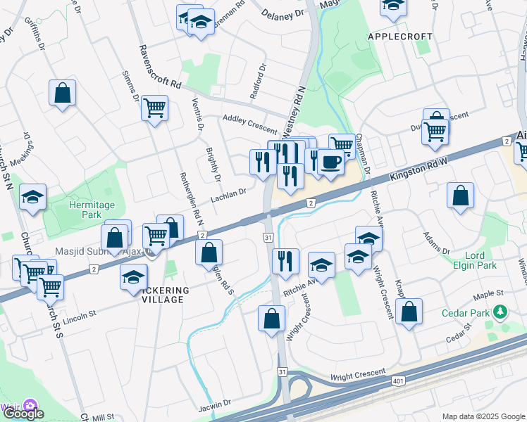 map of restaurants, bars, coffee shops, grocery stores, and more near 15 Lachlan Drive in Ajax