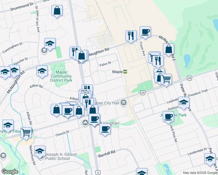 map of restaurants, bars, coffee shops, grocery stores, and more near 36 Railway Street in Vaughan