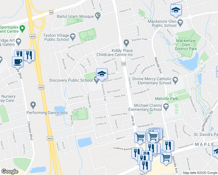 map of restaurants, bars, coffee shops, grocery stores, and more near 168 Sail Crescent in Vaughan