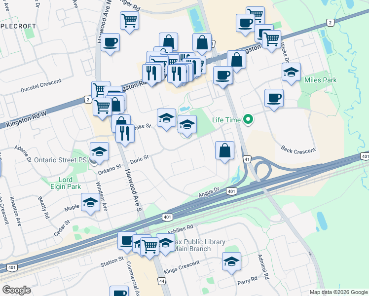 map of restaurants, bars, coffee shops, grocery stores, and more near 83 Mandrake Street in Ajax