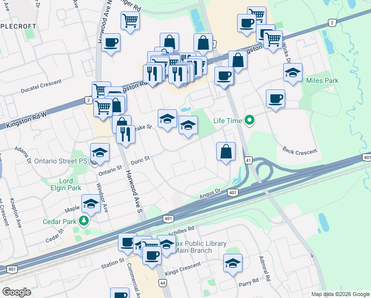 map of restaurants, bars, coffee shops, grocery stores, and more near 83 Mandrake Street in Ajax