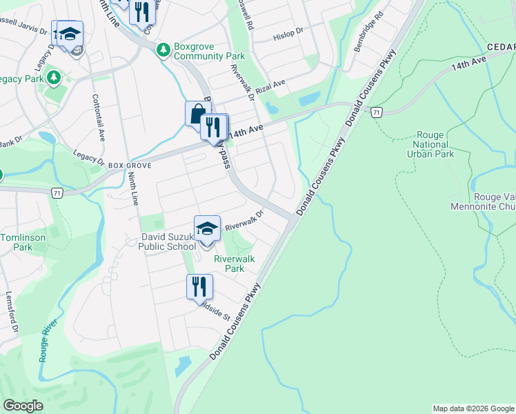 map of restaurants, bars, coffee shops, grocery stores, and more near 116 Riverwalk Drive in Markham