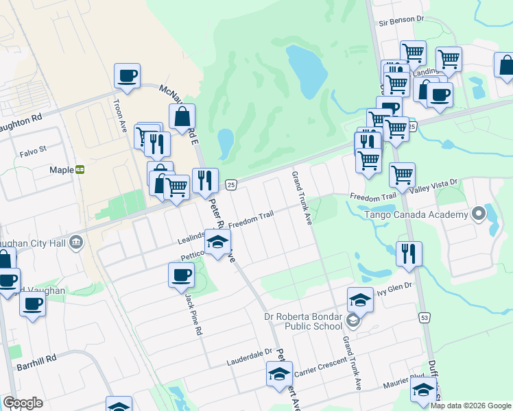 map of restaurants, bars, coffee shops, grocery stores, and more near 15 Big Hill Crescent in Vaughan