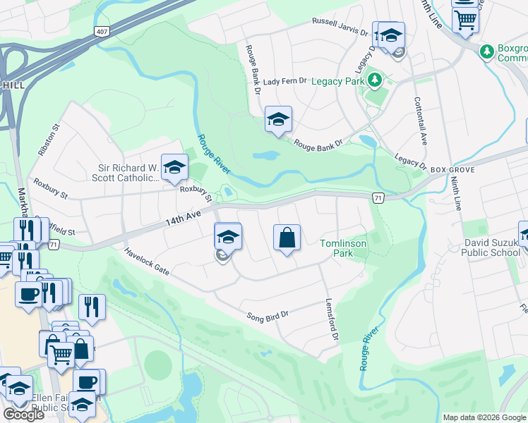 map of restaurants, bars, coffee shops, grocery stores, and more near 45 Bretton Circle in Markham