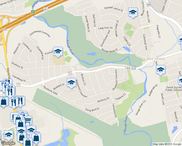 map of restaurants, bars, coffee shops, grocery stores, and more near 45 Bretton Circle in Markham