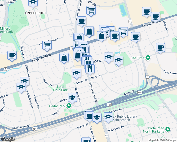 map of restaurants, bars, coffee shops, grocery stores, and more near 31 Harwood Avenue South in Ajax