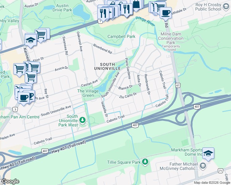 map of restaurants, bars, coffee shops, grocery stores, and more near 60 Zio Carlo Drive in Markham
