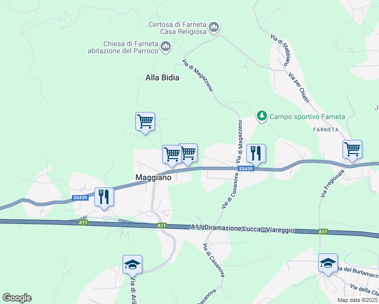 map of restaurants, bars, coffee shops, grocery stores, and more near in Province of Lucca
