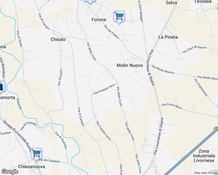 map of restaurants, bars, coffee shops, grocery stores, and more near 43 Via delle Corti in Provincia di Pistoia