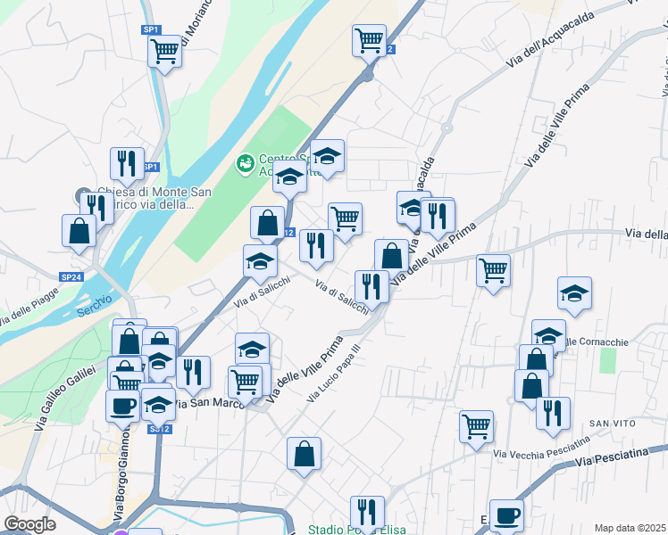 map of restaurants, bars, coffee shops, grocery stores, and more near 294 Via dei Bichi in Lucca
