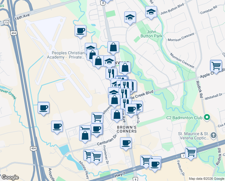 map of restaurants, bars, coffee shops, grocery stores, and more near 55 Renfrew Drive in Markham