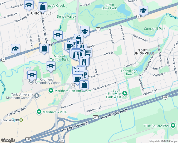 map of restaurants, bars, coffee shops, grocery stores, and more near 11 Nakina Way in Markham