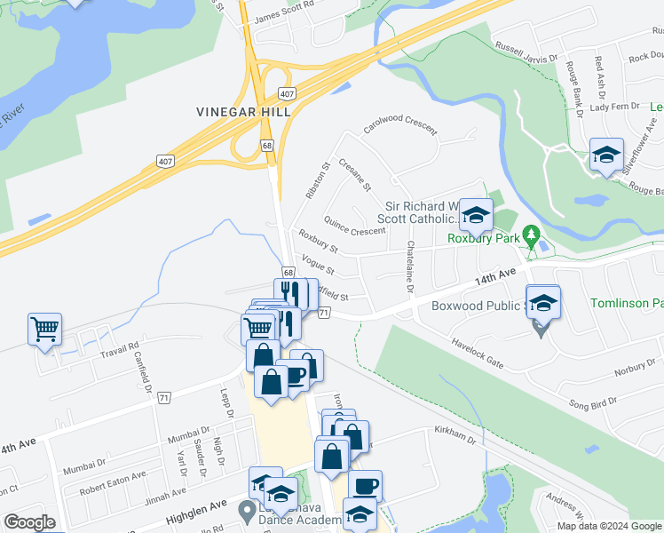 map of restaurants, bars, coffee shops, grocery stores, and more near 28 Vogue Street in Markham