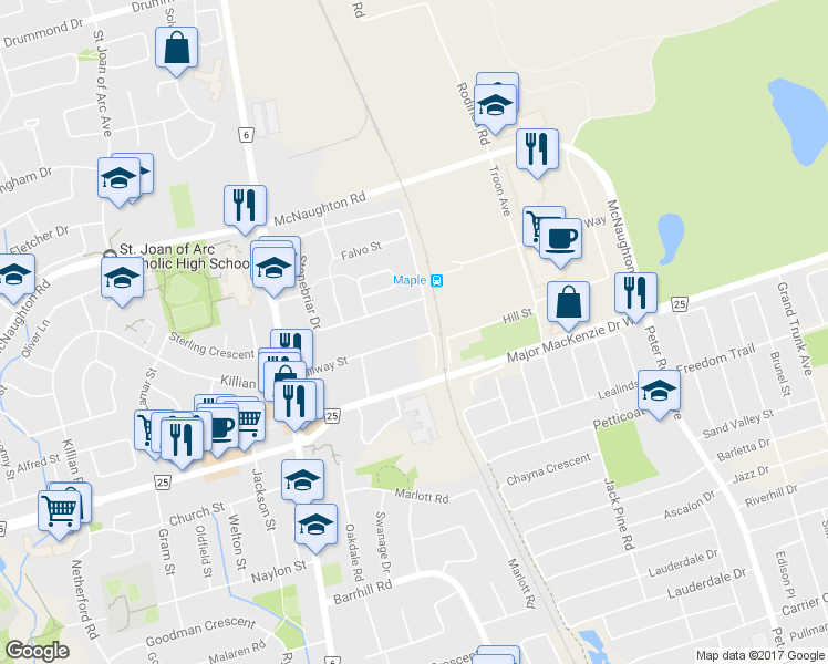 map of restaurants, bars, coffee shops, grocery stores, and more near 60 Railway Street in Vaughan