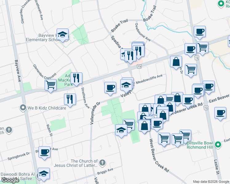 map of restaurants, bars, coffee shops, grocery stores, and more near 33 Horizon Court in Richmond Hill