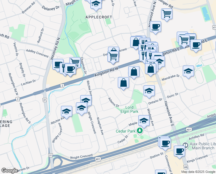 map of restaurants, bars, coffee shops, grocery stores, and more near 59 Palmer Drive in Ajax