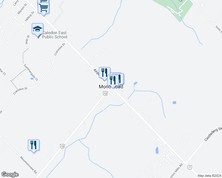 map of restaurants, bars, coffee shops, grocery stores, and more near 15396 Airport Road in Caledon East