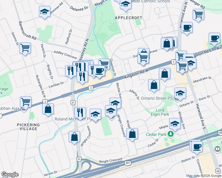 map of restaurants, bars, coffee shops, grocery stores, and more near 12 Patterson Crescent in Ajax