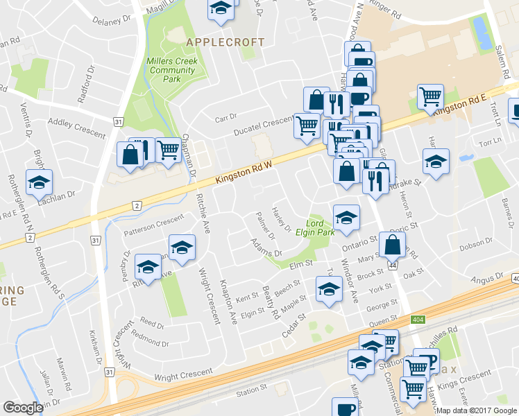 map of restaurants, bars, coffee shops, grocery stores, and more near 47 Palmer Drive in Ajax