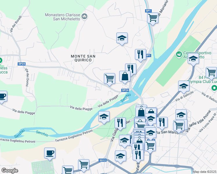 map of restaurants, bars, coffee shops, grocery stores, and more near 318 Via di Sant'Alessio in Lucca