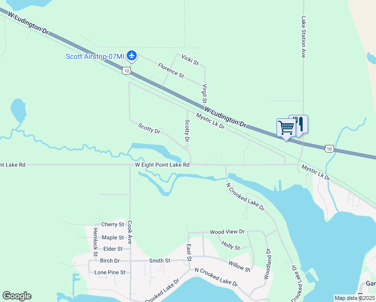map of restaurants, bars, coffee shops, grocery stores, and more near 8814 Scotty Drive in Lake
