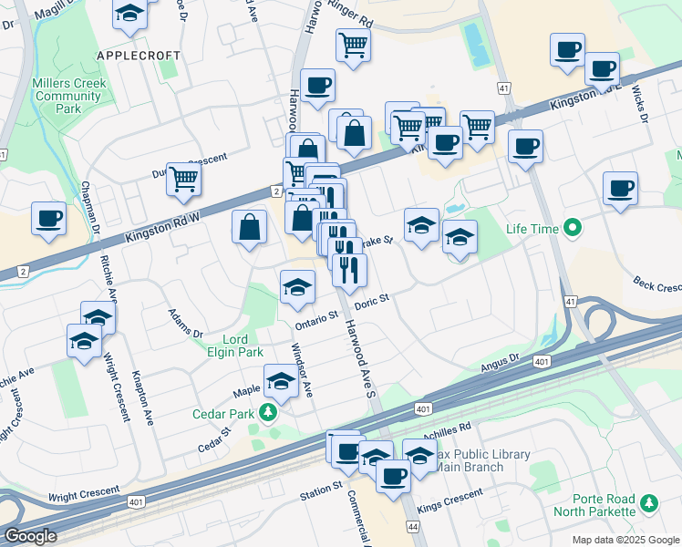 map of restaurants, bars, coffee shops, grocery stores, and more near 27 Harwood Avenue South in Ajax