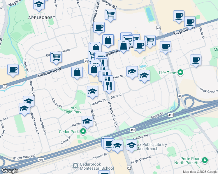 map of restaurants, bars, coffee shops, grocery stores, and more near 31 Harwood Avenue South in Ajax