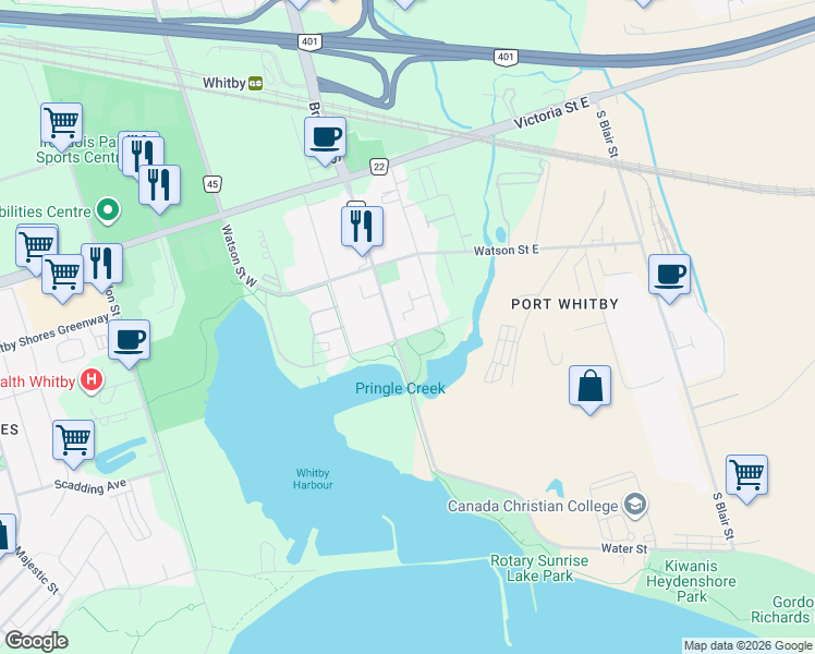 map of restaurants, bars, coffee shops, grocery stores, and more near 110 Front Street East in Whitby
