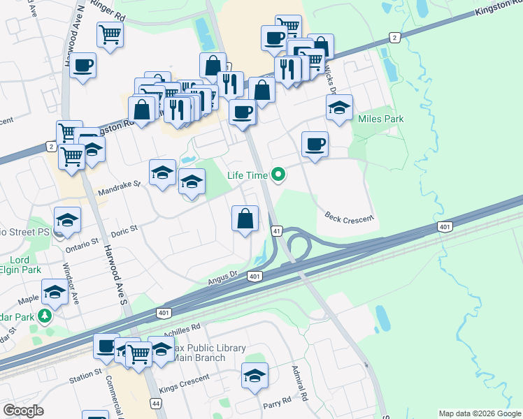 map of restaurants, bars, coffee shops, grocery stores, and more near 33 Cooperage Lane in Ajax