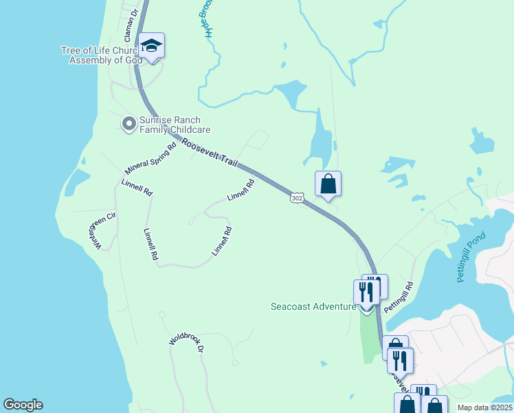 map of restaurants, bars, coffee shops, grocery stores, and more near 992 Roosevelt Trail in Windham