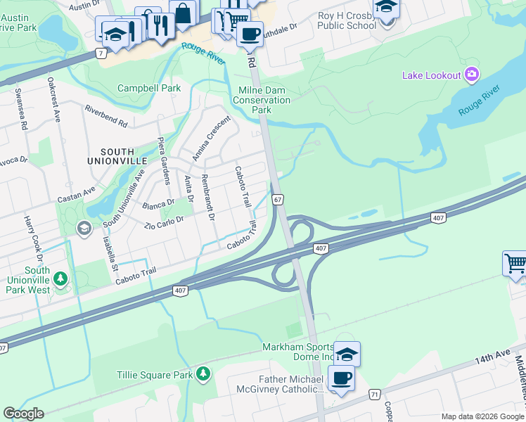 map of restaurants, bars, coffee shops, grocery stores, and more near 15 Kingsley Road in Markham