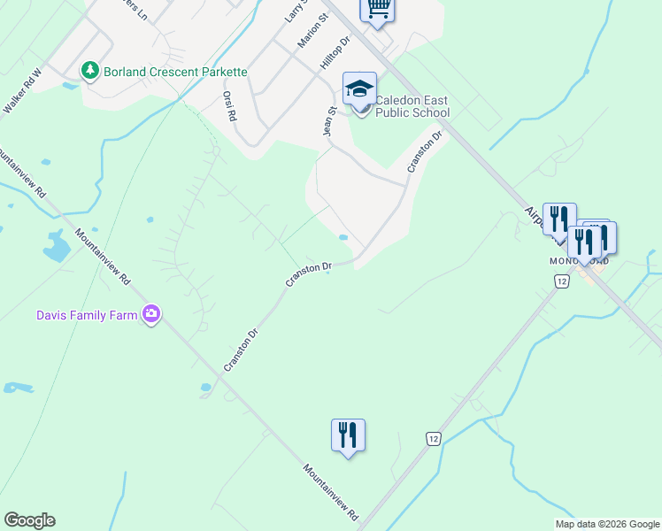 map of restaurants, bars, coffee shops, grocery stores, and more near Cranston Drive in Regional Municipality of Peel
