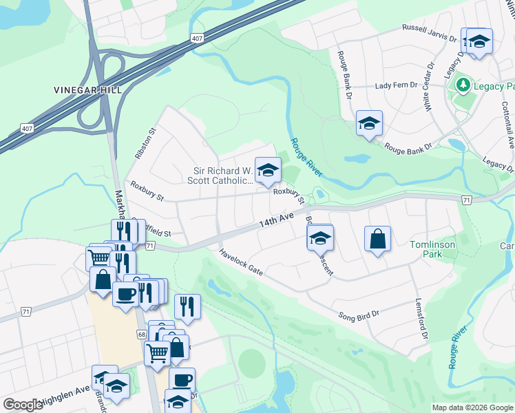 map of restaurants, bars, coffee shops, grocery stores, and more near 115 Elvira Crescent in Markham