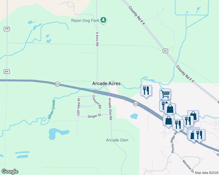map of restaurants, bars, coffee shops, grocery stores, and more near N8679 South Koro Road in Ripon