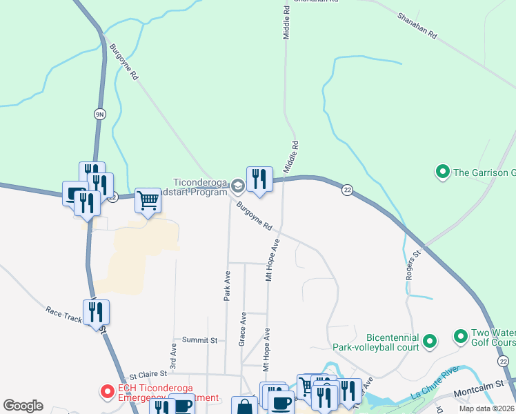 map of restaurants, bars, coffee shops, grocery stores, and more near 260 Burgoyne Road in Ticonderoga